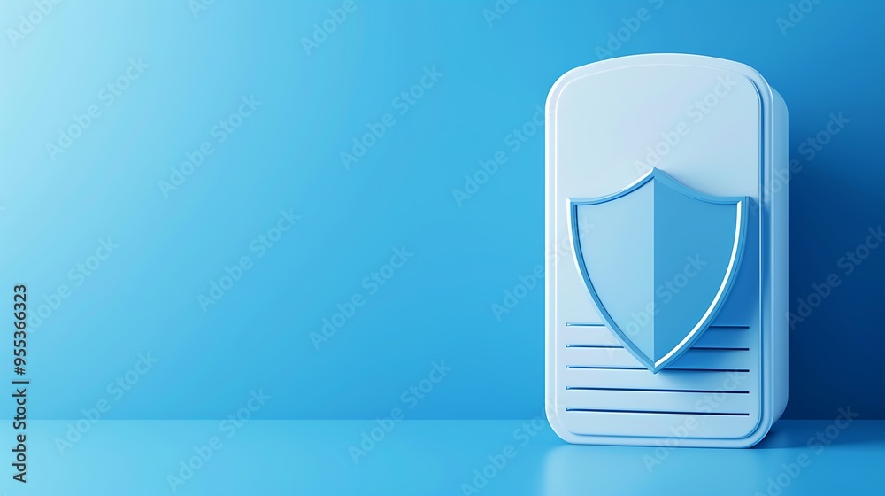 3D shield icon on a blue background represents security, protection, and safety concept in a digital environment. 3D shield icon on a blue background represents security, protection, and safety concept in a digital environment.