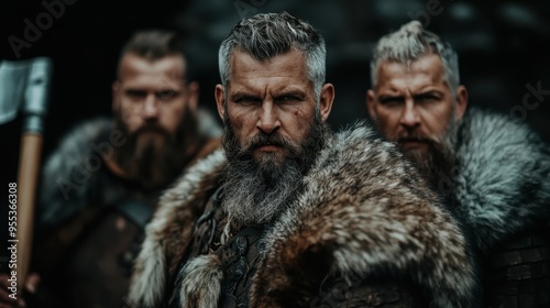 Three warriors dressed in fur with grey beards stand united, holding their weapons with resolve, embodying strength, unity, and readiness for any impending battle. photo