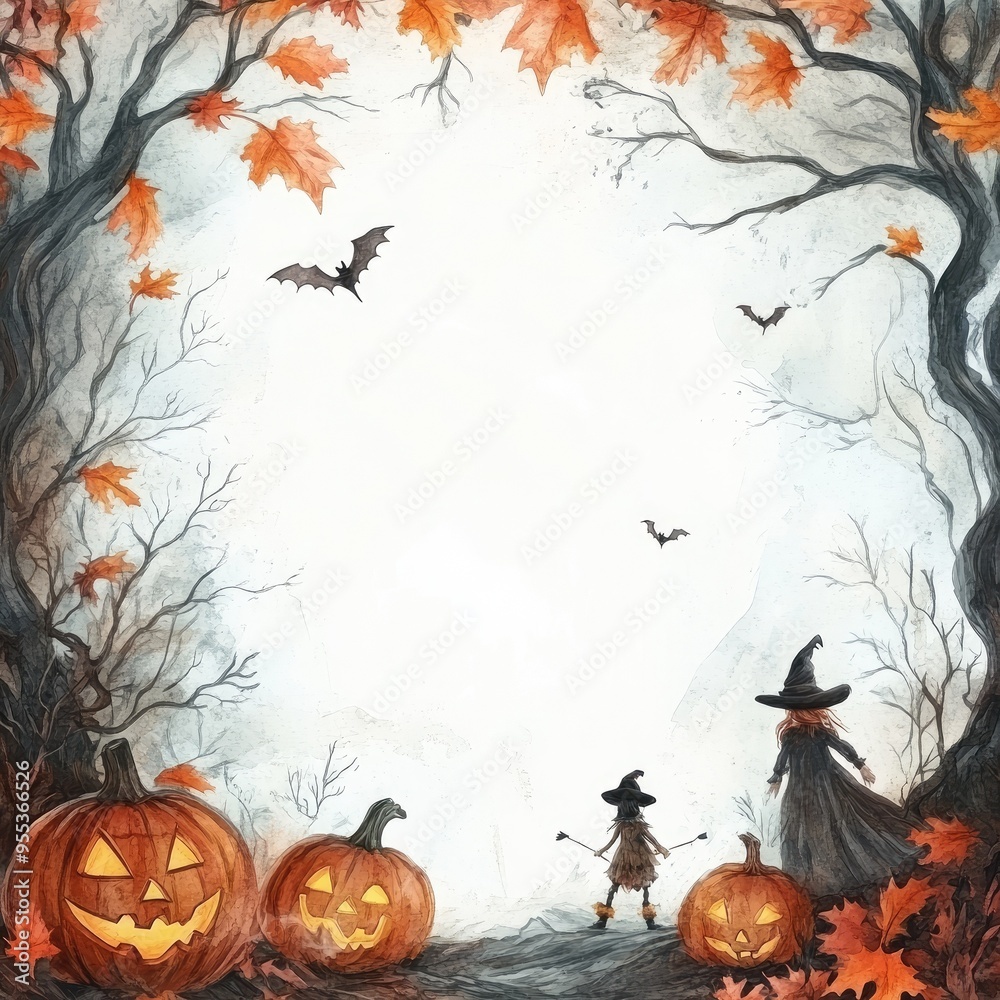 A whimsical Halloween scene with pumpkins, bats, and autumn leaves, perfect for festive decorations and seasonal themes. A whimsical Halloween scene with pumpkins, bats, and autumn leaves, perfect for festive decorations and seasonal themes.