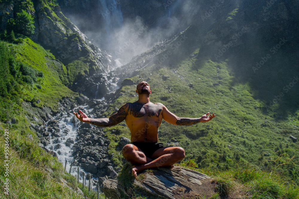 Obraz premium Man, Wellness vacation and yoga meditation. Man Relax with in nature. Meditation spiritual wellness. Calm carefree and freedom environment. Man Training mindfulness. Relaxed man in nature.