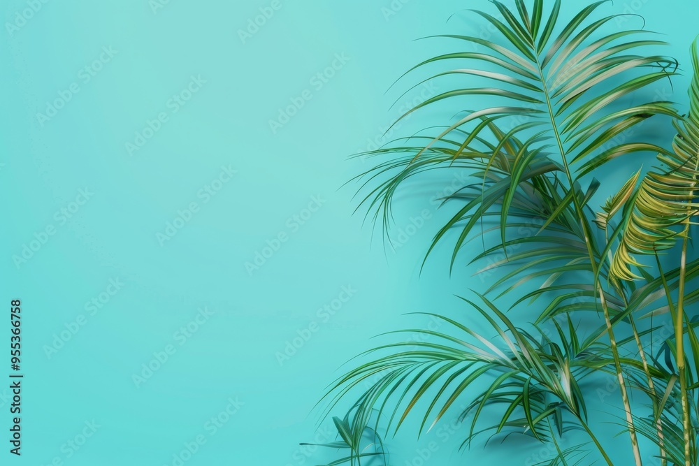 Fototapeta premium Flat lay frame with palm green leaves on blue background with copy space. desktop wallpaper with palm leaves. backdrop or green leafy tropical forest patterns for design elements.