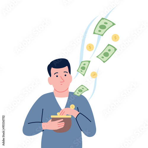 Man bankruptcy. Money flying from wallet, guy spender. Financial personal crisis, lack of cash for payment. Empty purse recent vector character