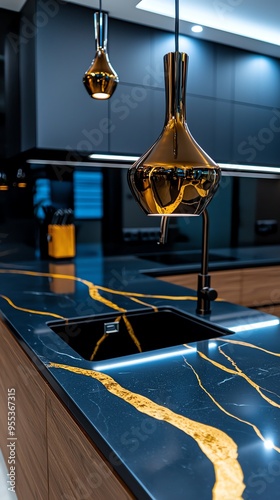Modern kitchen counter with elegant marble design featuring golden streaks and stylish pendant lights for a luxurious ambiance.