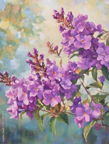 Vibrant violet oil painting of Queen s crape myrtle flowers against a soft blurred backdrop showcasing the beauty of Lagerstroemia speciosa photo