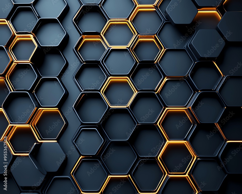 Modern hexagonal pattern with metallic elements in black and gold, suitable for backgrounds and abstract designs. Modern hexagonal pattern with metallic elements in black and gold, suitable for backgrounds and abstract designs.