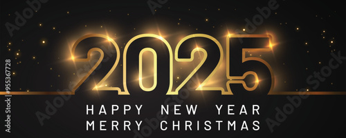 Happy New Year of glitter gold fireworks. Vector golden glittering text and 2025 numbers with sparkle shine for holiday greeting card.