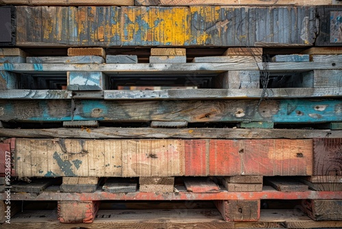 A close-up of a weathered stack of colorful wooden pallets, showcasing textures and aged patina, ideal for backgrounds, industrial themes, or recycling concepts,