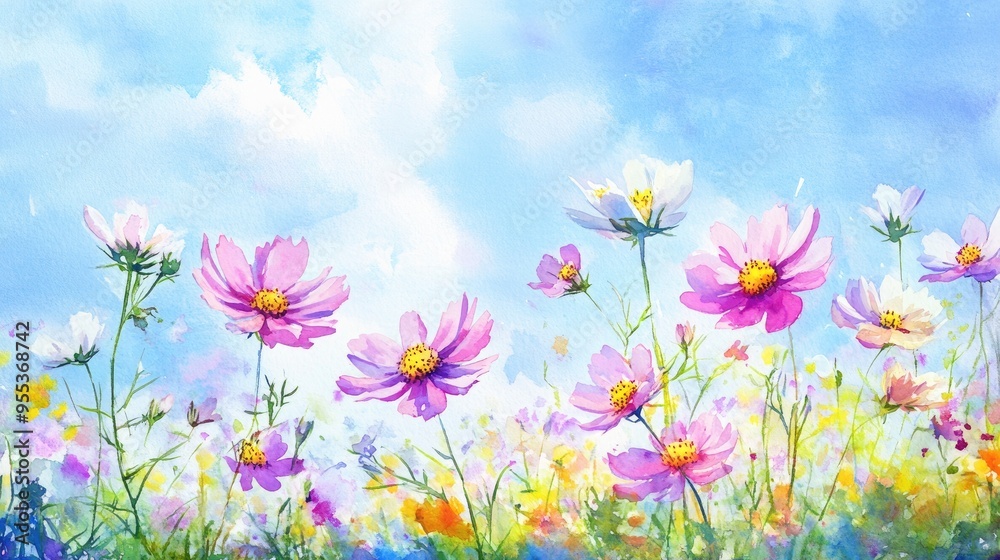 Watercolor illustration of delicate cosmos flowers blossoming in a vibrant meadow beneath a clear blue sky Watercolor illustration of delicate cosmos flowers blossoming in a vibrant meadow beneath a clear blue sky