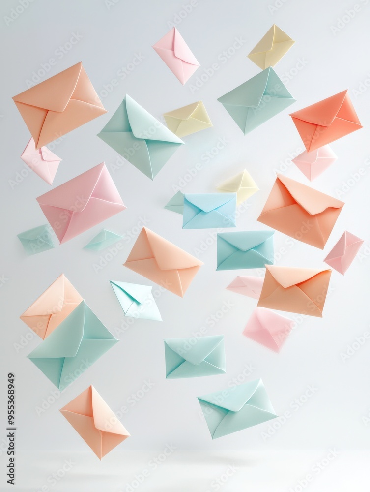 A vibrant collection of pastel envelopes floating against a light background, perfect for conveying messages and communication themes. A vibrant collection of pastel envelopes floating against a light background, perfect for conveying messages and communication themes.