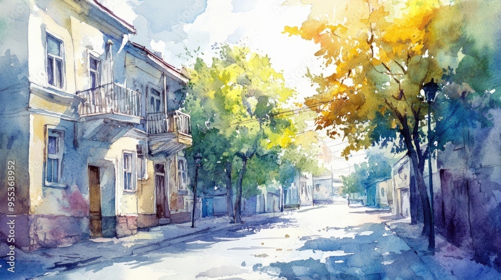 Fototapeta premium Watercolor illustration of a summer city view