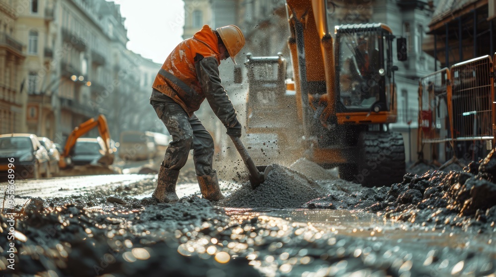 A construction worker is shoveling dirt on a muddy urban street, with a backhoe operating in the background, perfect for illustrating themes of urban construction, infrastructure, and manual labor, A construction worker is shoveling dirt on a muddy urban street, with a backhoe operating in the background, perfect for illustrating themes of urban construction, infrastructure, and manual labor,