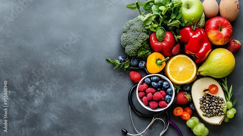 healthy lifestyle fruite and vegatbles on the table photo