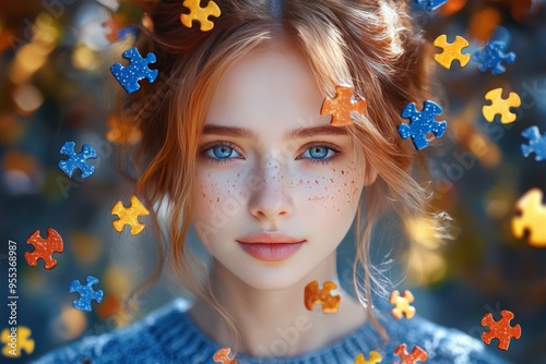 Neurobehavioral disorders Neuroplasticity Portrait of a woman with colorful puzzle pieces integrated into her face symbolizing the multifaceted nature of identity and self discovery photo