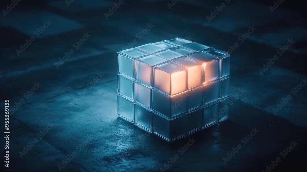A minimalist scene of a glowing glass cube, made of smaller cubes, surrounded by soft ambient light A minimalist scene of a glowing glass cube, made of smaller cubes, surrounded by soft ambient light