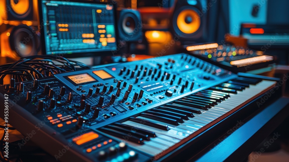 A vibrant music studio setup featuring a synthesizer, monitors, and digital audio workstation, perfect for creative sound production. A vibrant music studio setup featuring a synthesizer, monitors, and digital audio workstation, perfect for creative sound production.