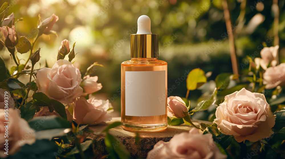 Cosmetic product, oil, serum in a bottle with a mock up label on the background of a blooming rose garden Cosmetic product, oil, serum in a bottle with a mock up label on the background of a blooming rose garden