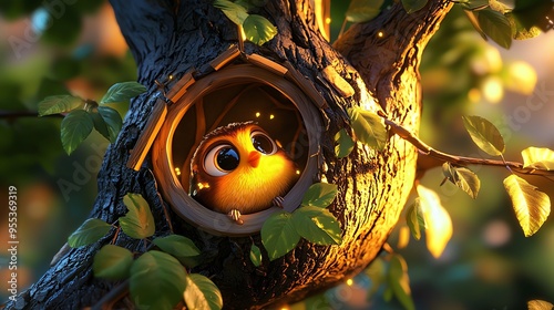 A cheerful bird peeks out from its cozy nest in a tree, surrounded by vibrant leaves and warm sunlight, creating a serene atmosphere. photo