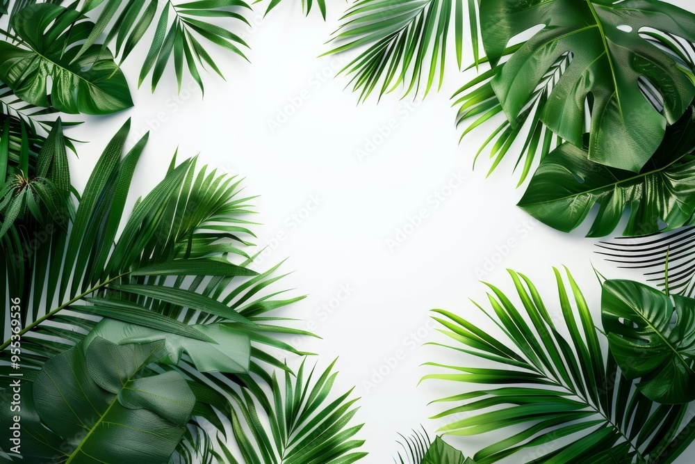 Flat lay frame with palm green leaves on white background with copy space. desktop wallpaper with palm leaves. backdrop or green leafy tropical forest patterns for design elements. Flat lay frame with palm green leaves on white background with copy space. desktop wallpaper with palm leaves. backdrop or green leafy tropical forest patterns for design elements.
