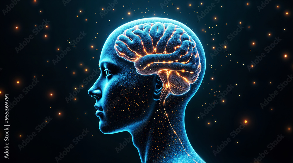 Futuristic Human Brain Illustration with Neural Connections and Glowing Networks