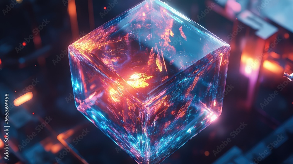 An abstract, floating glass cube with glowing inner sections, casting intricate light patterns on the surrounding space An abstract, floating glass cube with glowing inner sections, casting intricate light patterns on the surrounding space