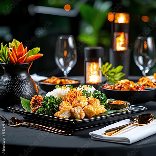 Elegant dining scene featuring a gourmet meal with vibrant colors and stylish tableware ready for a memorable culinary experience.