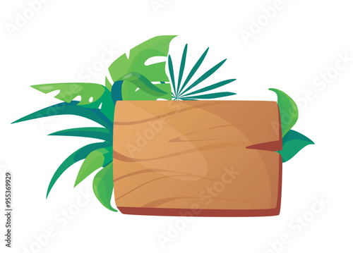 Wooden sign surrounded by different types of lush green leaves from tropical plants in the middle of a jungle flat vector illustration photo