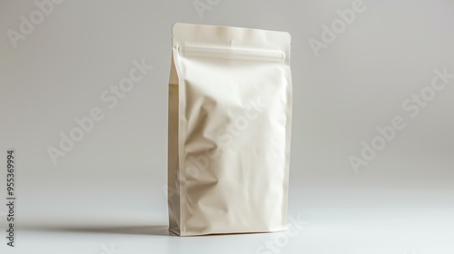 A plain matte white stand-up pouch bag, ideal for packaging coffee, tea, snacks, or other small food products, on a neutral background, Perfect for commercial and product presentation purposes,