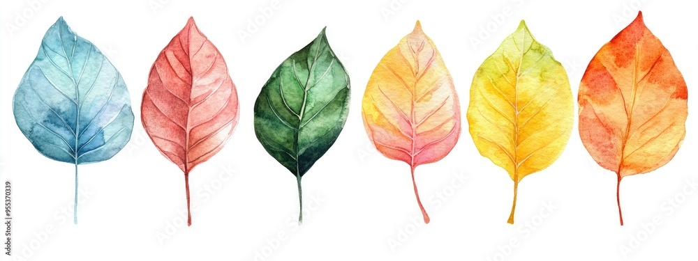 Obraz premium Watercolor illustration of an abstract set featuring colorful leaves