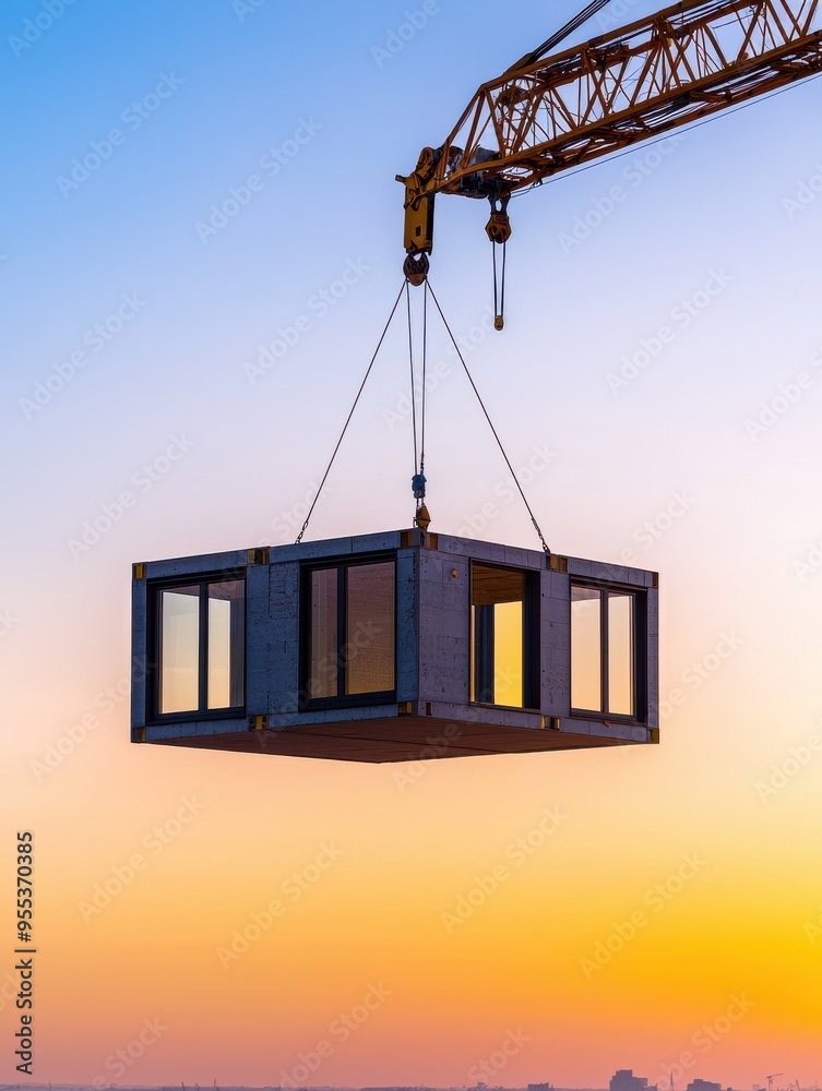 A crane lifts a modern modular building against a colorful sunset, showcasing innovation in construction and design. A crane lifts a modern modular building against a colorful sunset, showcasing innovation in construction and design.