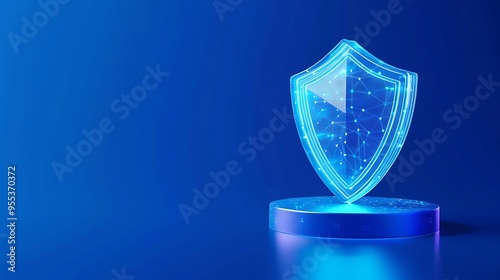 A futuristic digital shield icon representing cybersecurity and data protection, glowing in neon blue on a pedestal against a blue background.