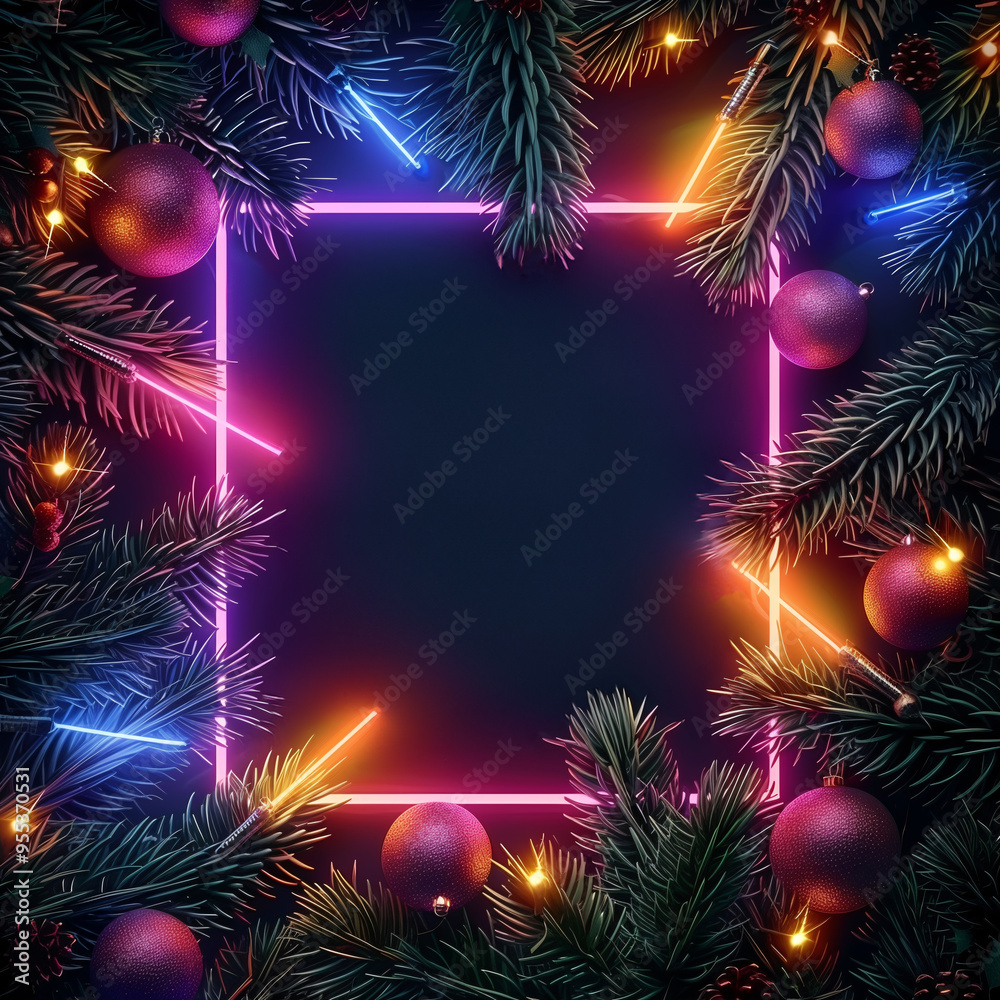 Christmas and New Year seasonal square template design with decorations and copy space for social media post. Glowing neon color tone on dark plain background. Christmas and New Year seasonal square template design with decorations and copy space for social media post. Glowing neon color tone on dark plain background.