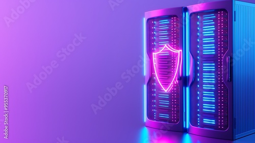 A futuristic server rack with neon lights and a glowing shield symbol, representing cybersecurity and data protection in a digital environment.