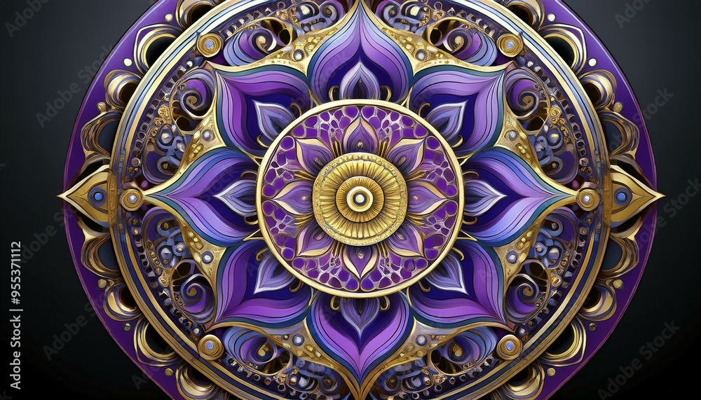A circular, intricate mandala design in shades of purple and gold, centered on a transparent A circular, intricate mandala design in shades of purple and gold, centered on a transparent