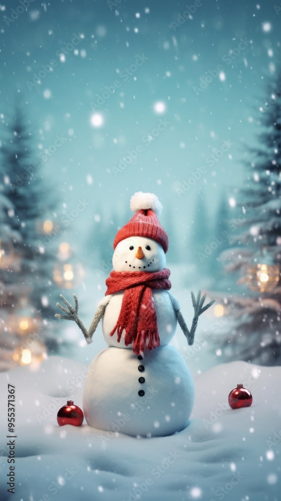 Card with a snowman standing in christmas landscape 