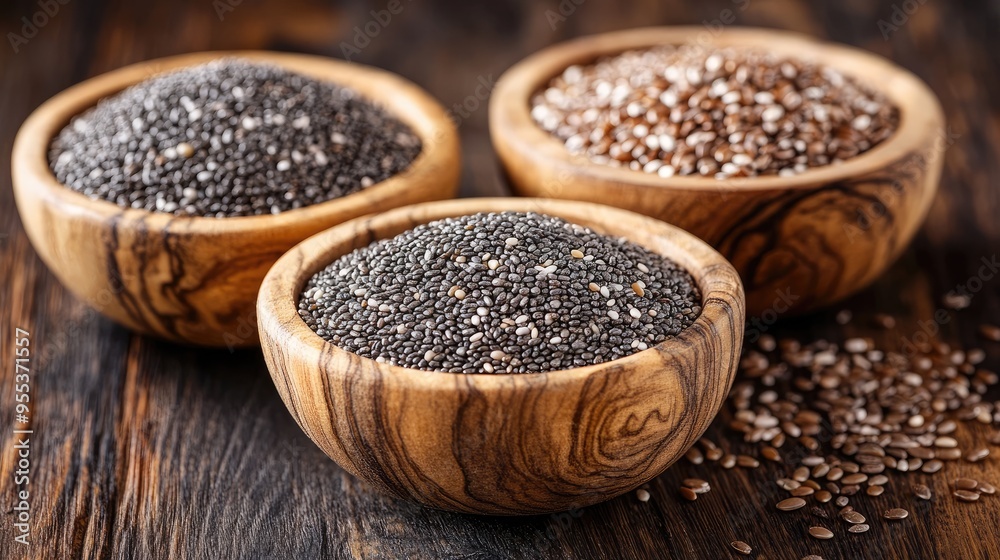 Chia seeds in wooden bowls. Perfect for articles about healthy eating, superfoods, and nutrition. Chia seeds in wooden bowls. Perfect for articles about healthy eating, superfoods, and nutrition.