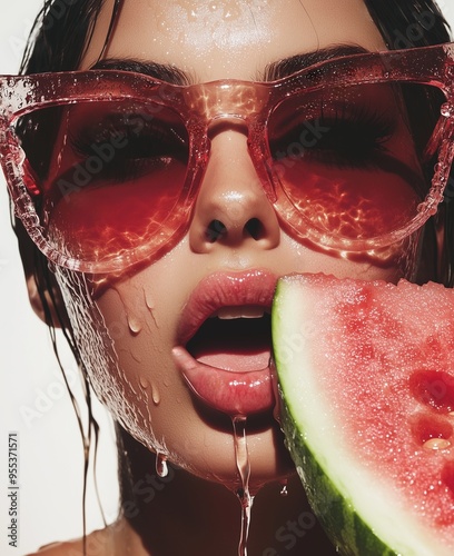 A close-up of fashion model wearing sunglasses and eating watermelon, against a white background. Water droplets on her face, and watermelon juice dripping from her mouth. She appears to be sunbathing