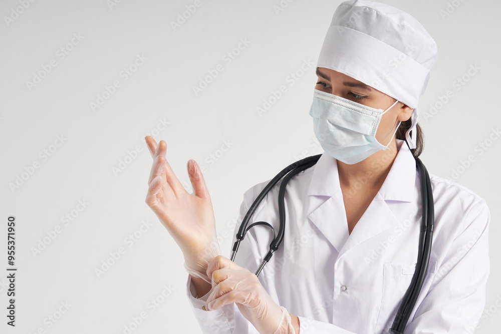 Young doctor putting on surgical gloves over white background Young doctor putting on surgical gloves over white background