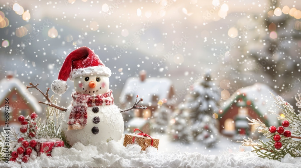 Christmas card with a snowman and falling snow Christmas card with a snowman and falling snow