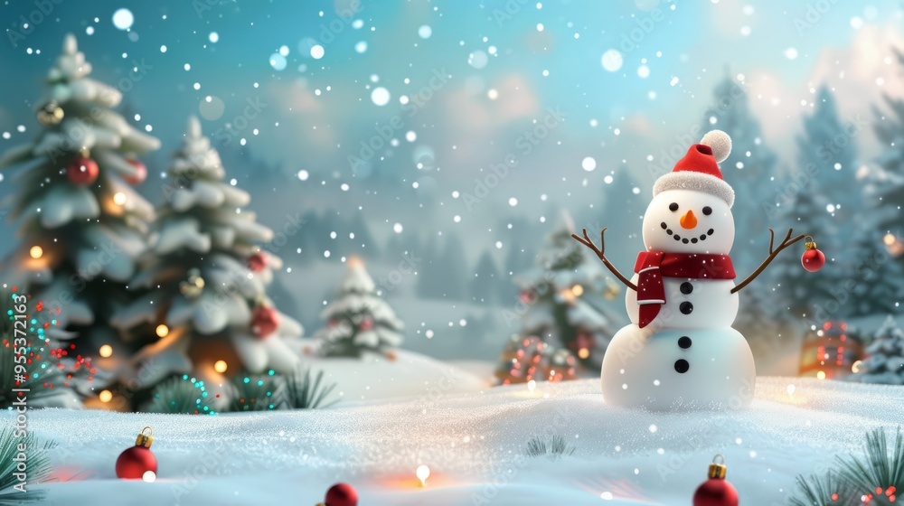 Christmas card with a snowman and falling snow Christmas card with a snowman and falling snow