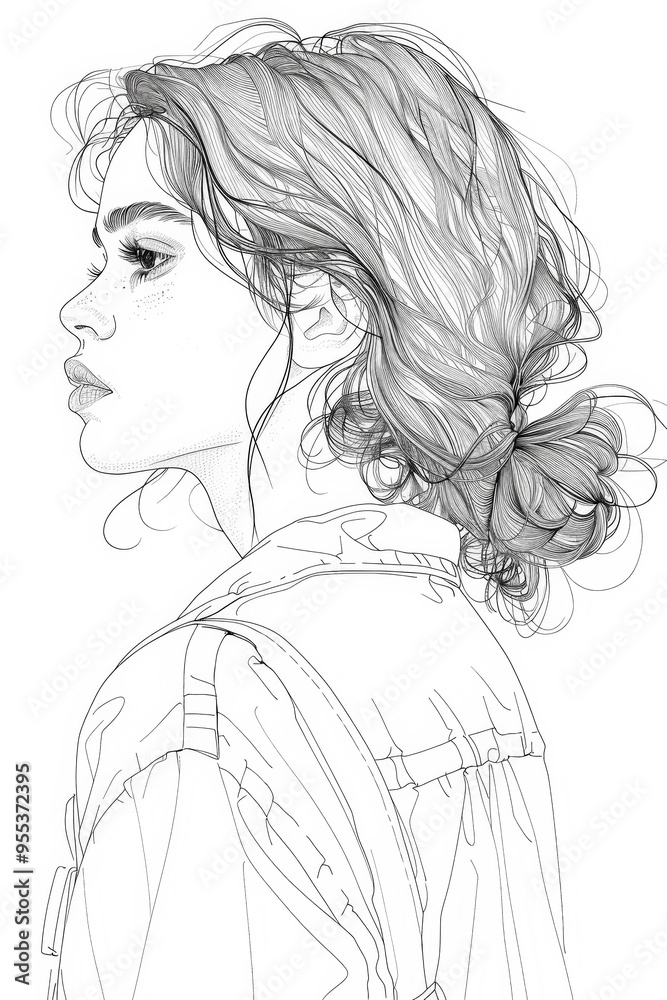 Detailed line drawing of a young woman looking left Detailed line drawing of a young woman looking left