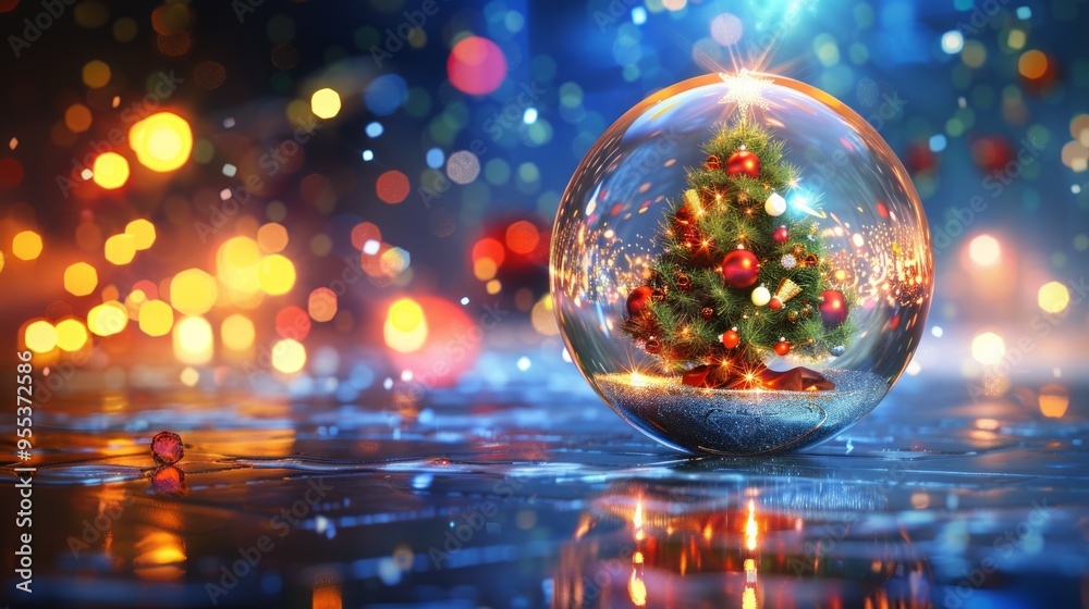 Christmas ball with a fir tree inside on a blurred background and a place for text Christmas ball with a fir tree inside on a blurred background and a place for text