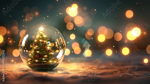 Christmas ball with a fir tree inside on a blurred background and a place for text