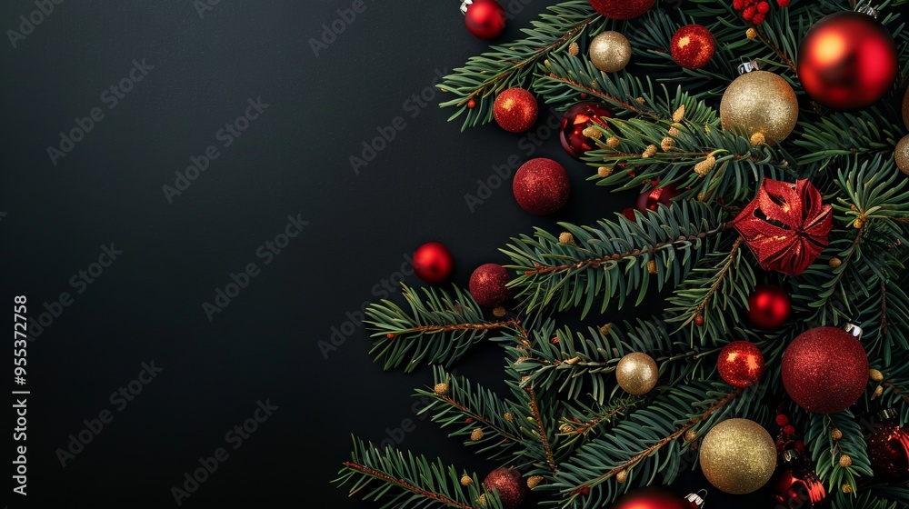 Branches of a Christmas tree with red and gold balls on a black background Branches of a Christmas tree with red and gold balls on a black background