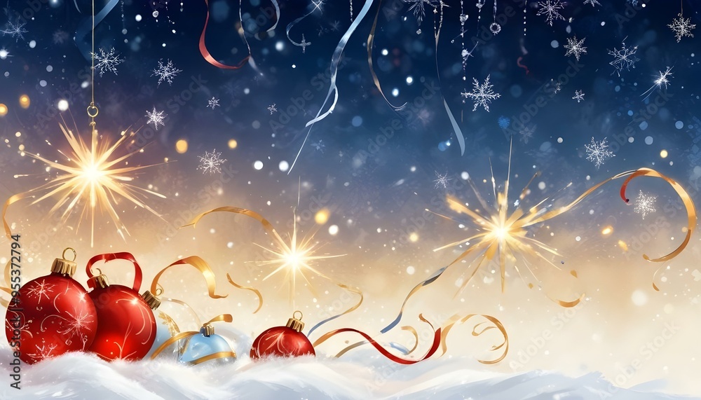 Fototapeta premium Sparkling red Christmas ornaments, ribbons and bokeh lights against a dark blue background with falling snowflakes 