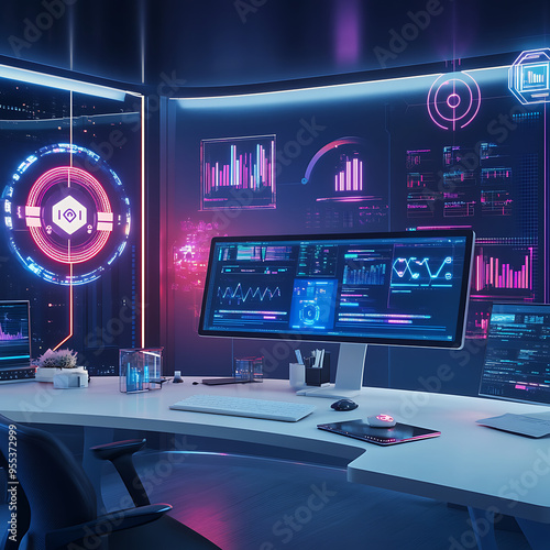 office technology data futuristic neon light
