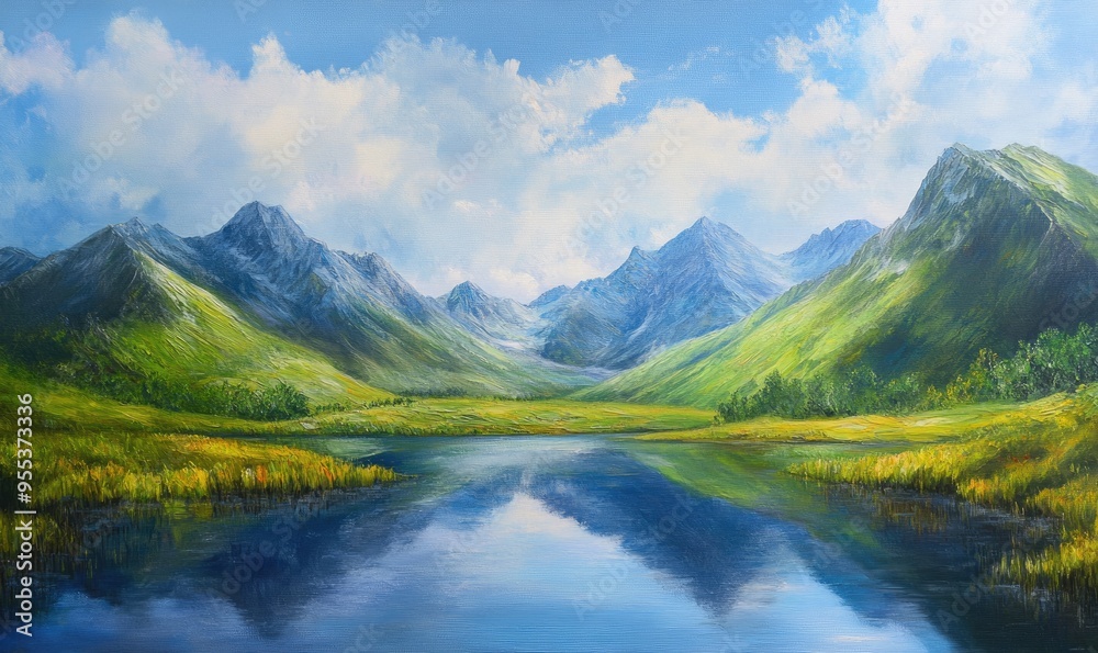 Oil painting depicting a mountainous landscape with ample space for an inscription Oil painting depicting a mountainous landscape with ample space for an inscription