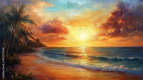 Oil painting depicting a stunning panoramic sunset over a serene tropical beach featuring calm seas palm trees and an inspirational exotic landscape