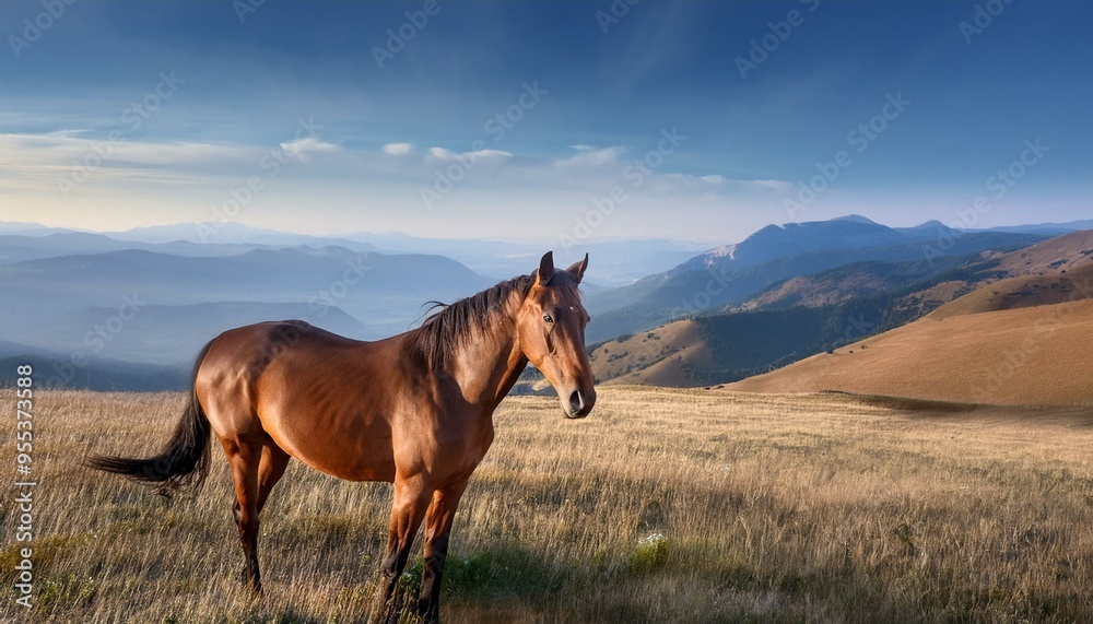 Elegant brown mare standing calmly in a vast open meadow, with distant mountains and a clear Elegant brown mare standing calmly in a vast open meadow, with distant mountains and a clear