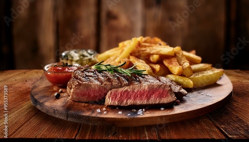  Elegant presentation of a medium-rare organic steak, with a side of hand-cut French fries, s photo