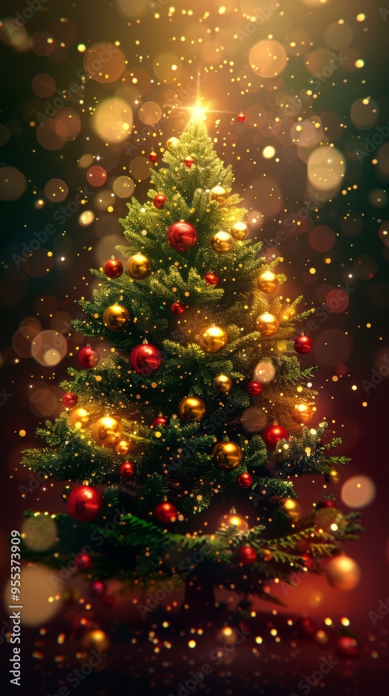 Christmas tree with red and golden balls and blurred lights Christmas tree with red and golden balls and blurred lights